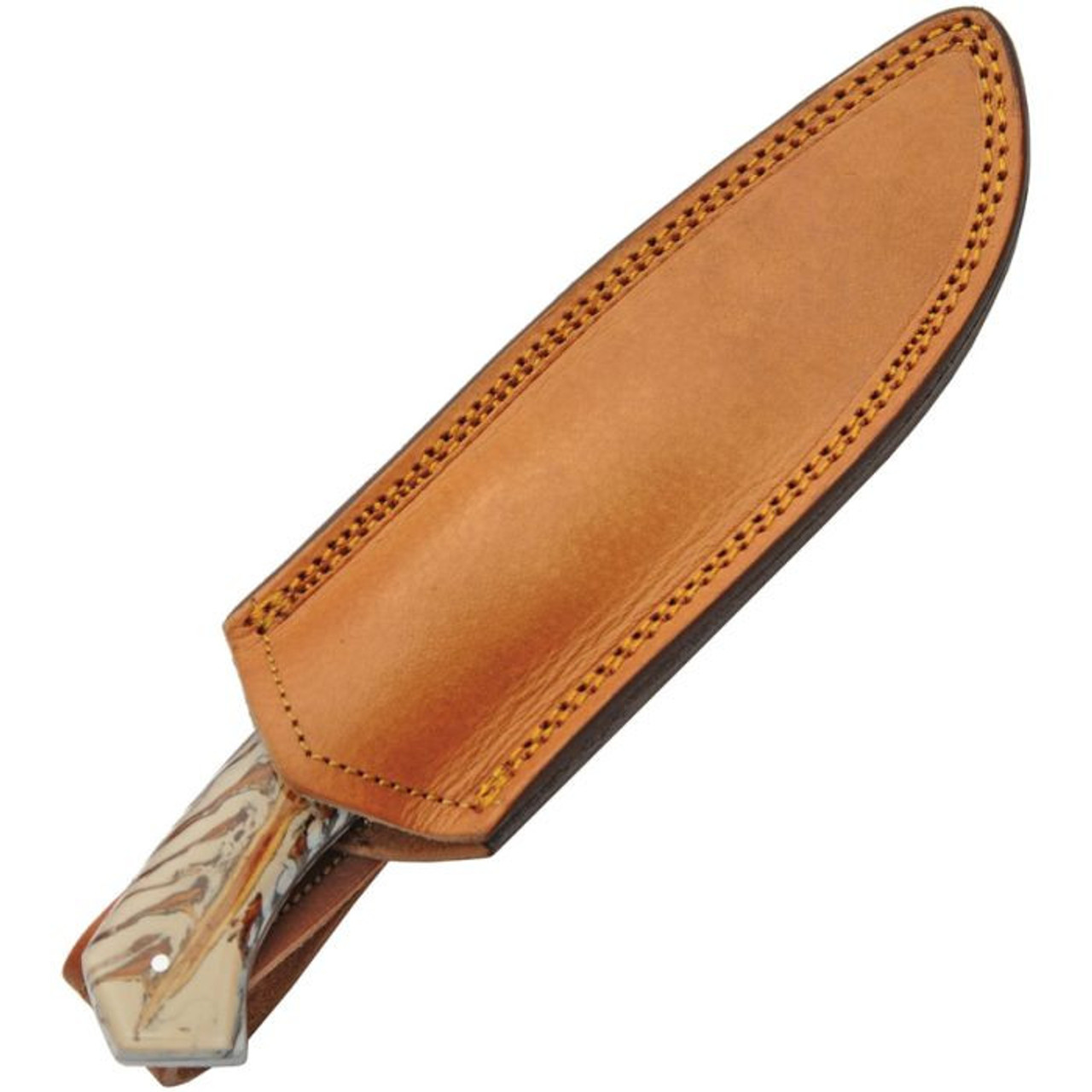 Damascus Knives Snowpeak Hunter (DM1316) 5" Damascus Drop Point Plain Blade, Brown and Tan Acrylic Handle, Brown Leather Belt Sheath