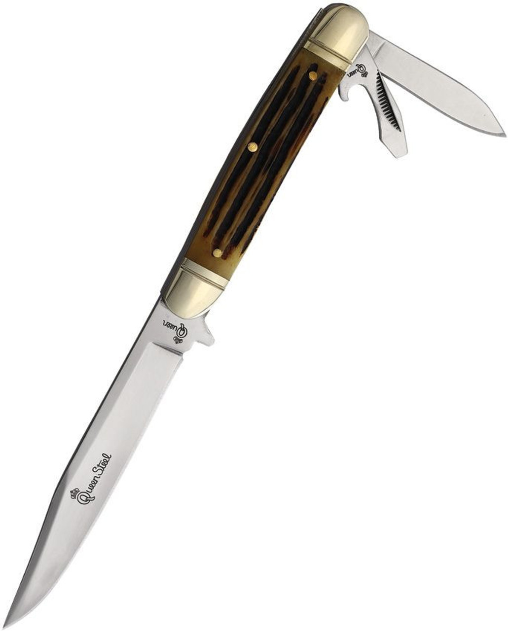 Queen Cutlery Fixed Folder Winterbottom (QN86WB) - 3.75" Mirror-Polished 440C Stainless Steel Fixed Clip Point Blade, Winterbottom Jigged Bone Handle