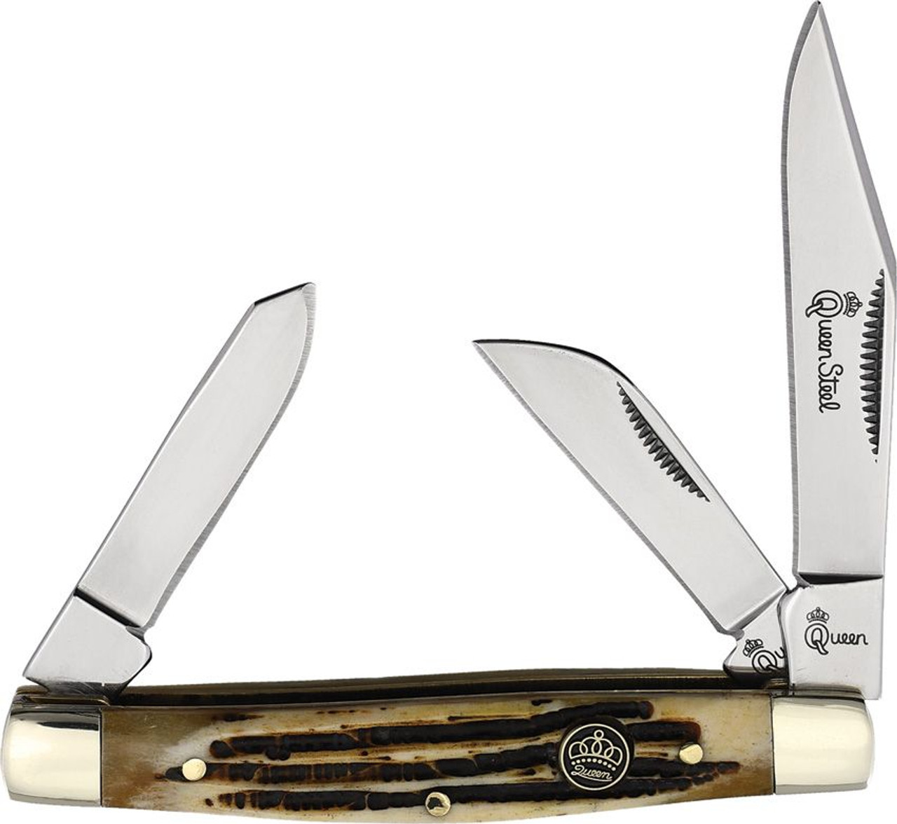 Queen Cutlery Medium Stockman (QN26WB) - Mirror Polish 440C Stainless Steel Clip, Sheepsfoot, and Spey Blades, Brown Winterbottom Jigged Bone Handle