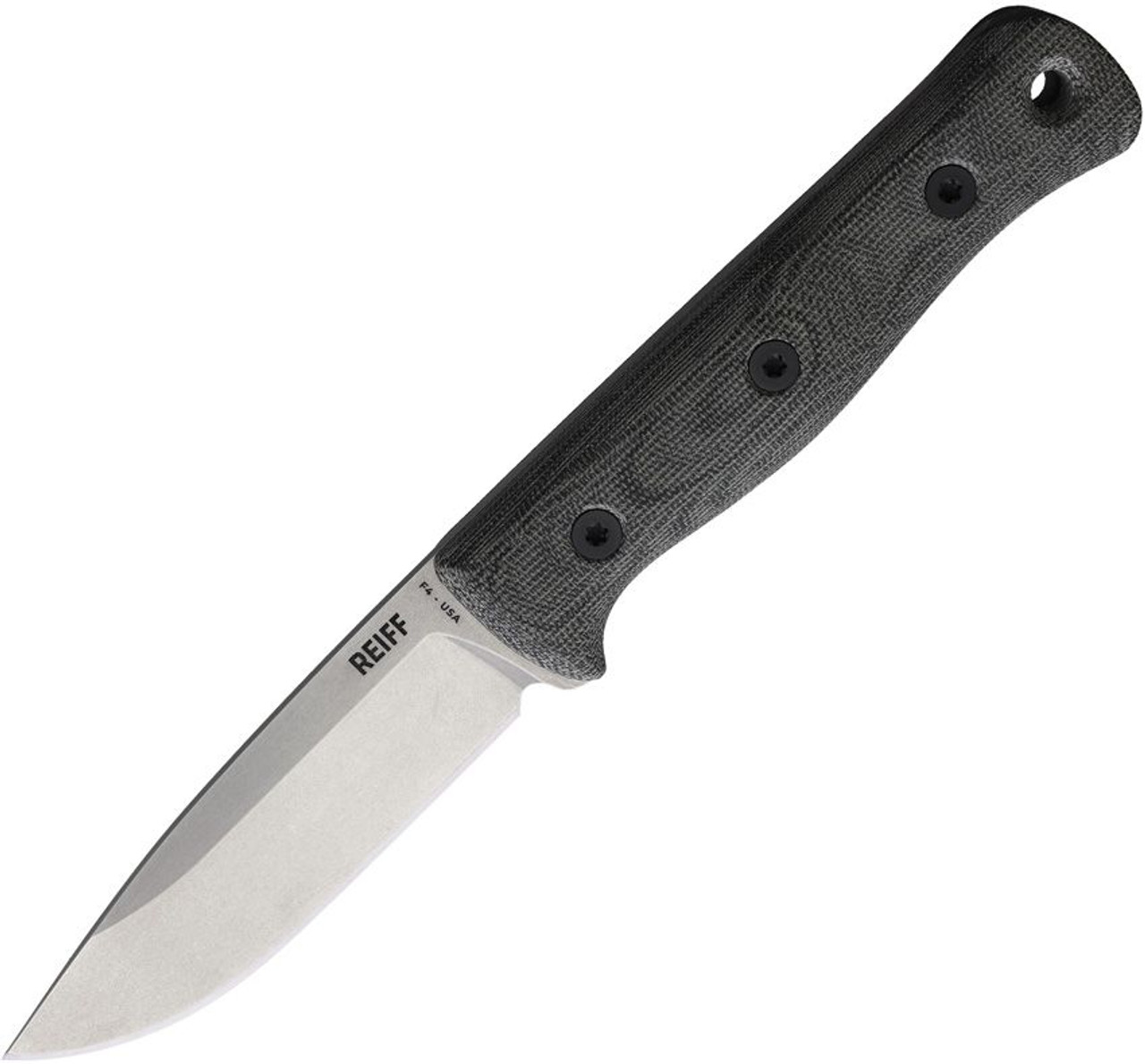 Reiff Knives F4 Bushcraft Survival Knife (REKF4112BCMBRCR) 4" MagnaCut Stonewashed Drop Point Plain Blade, Black Canvas Micarta Handle, Brown Leather Sheath