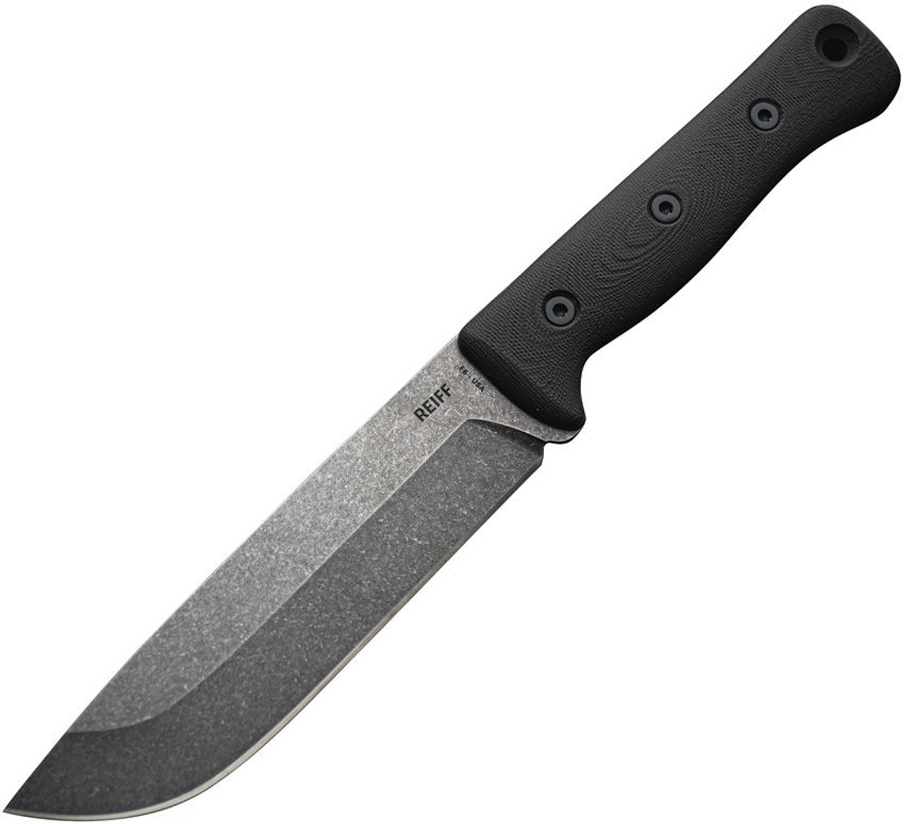 Reiff Knives F6 Leuku Survival Knife (REKF611BLGK) 6" CPM-3V Acid Washed Drop Point Plain Blade, Black G10 Handle, Black Kydex Sheath
