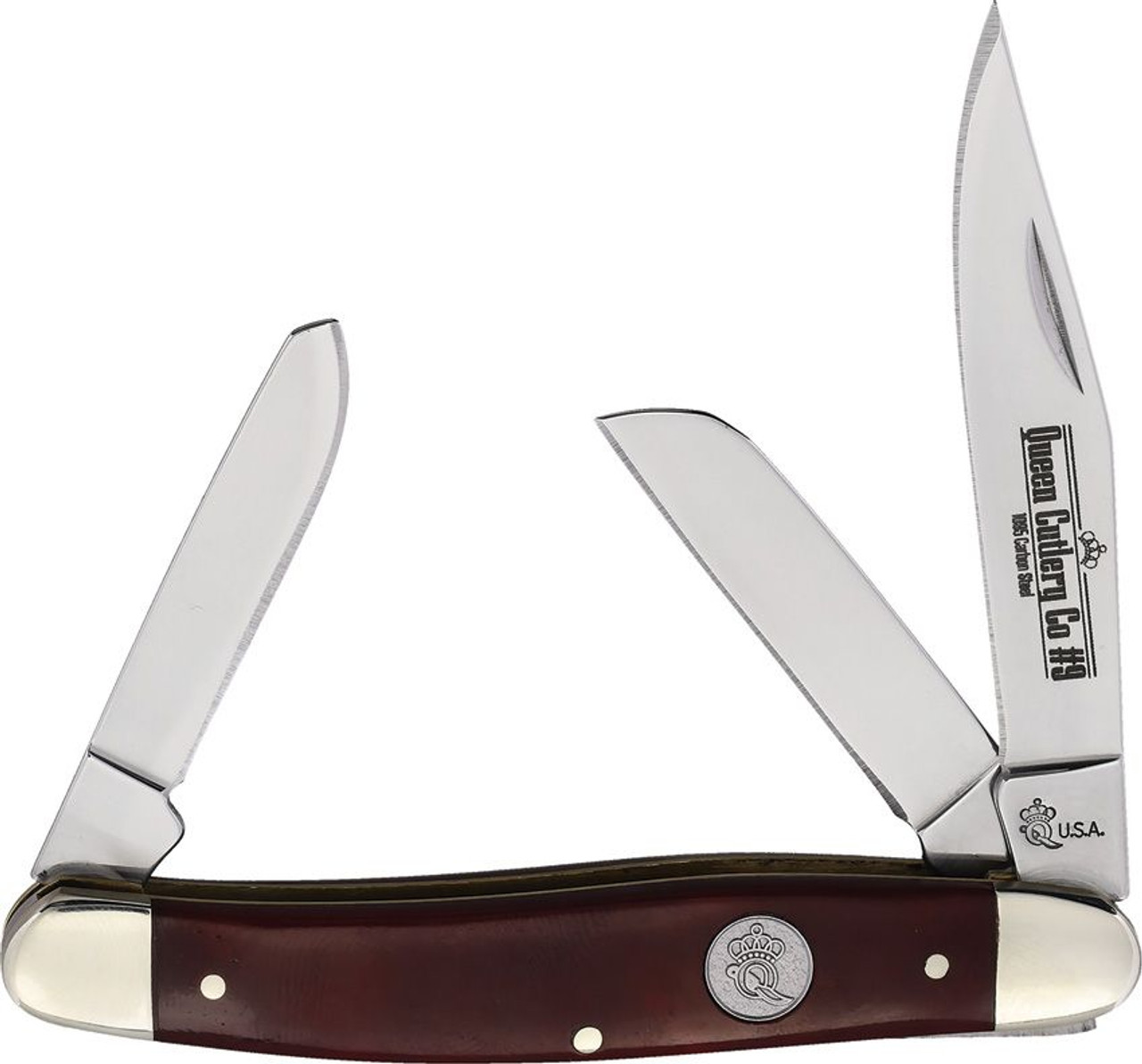 Queen Cutlery Medium Stockman (QRSB47) - Mirror Polish 1095 Carbon Steel Clip, Sheepsfoot, and Spey Blades, Red Smooth Bone Handle