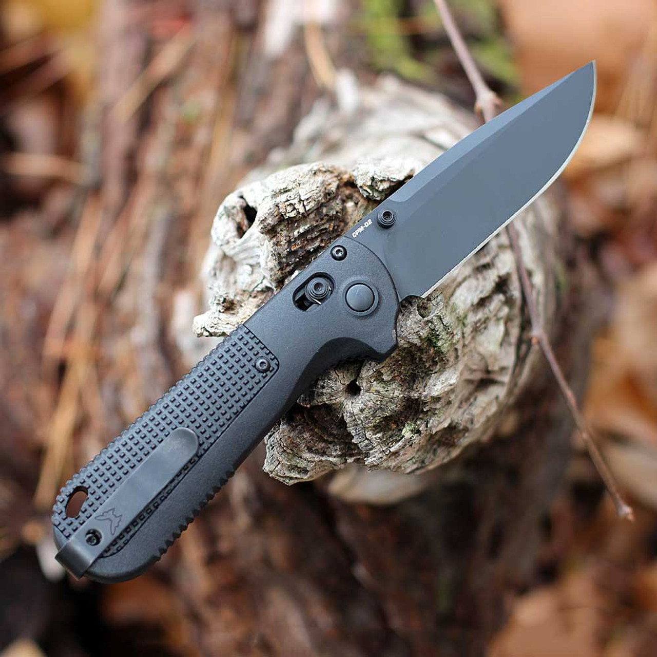 Benchmade Redoubt (430BK-02) - 3.55" CPM-D2 Black Cerakote Plain Edge Drop Point, Black Grivory Handle