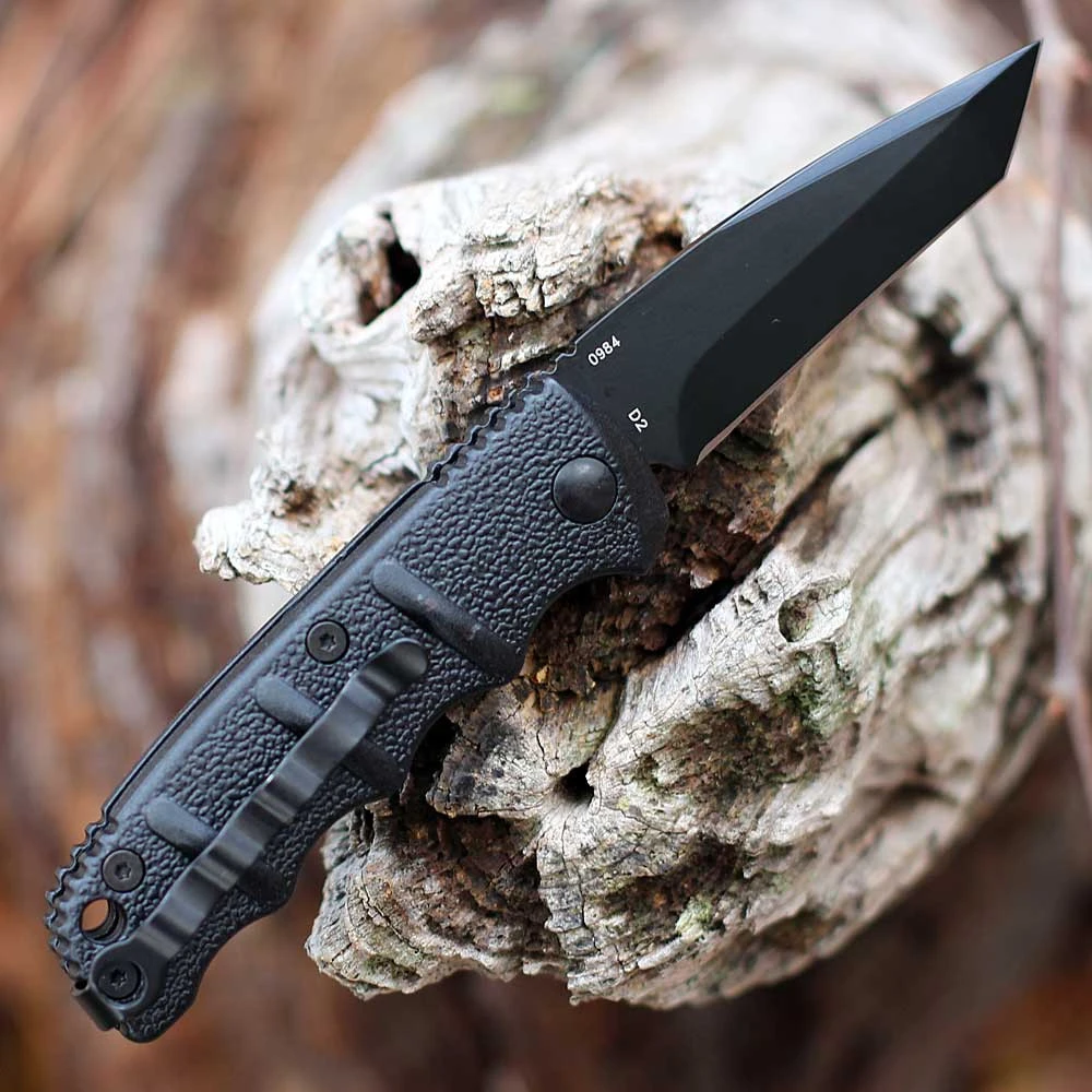 Boker Plus Kalashnikov Mini 01KALS97 D2 black tanto blade — hollow grind, 2.52 in, 0.12 in thick, reinforced tip, plain edge