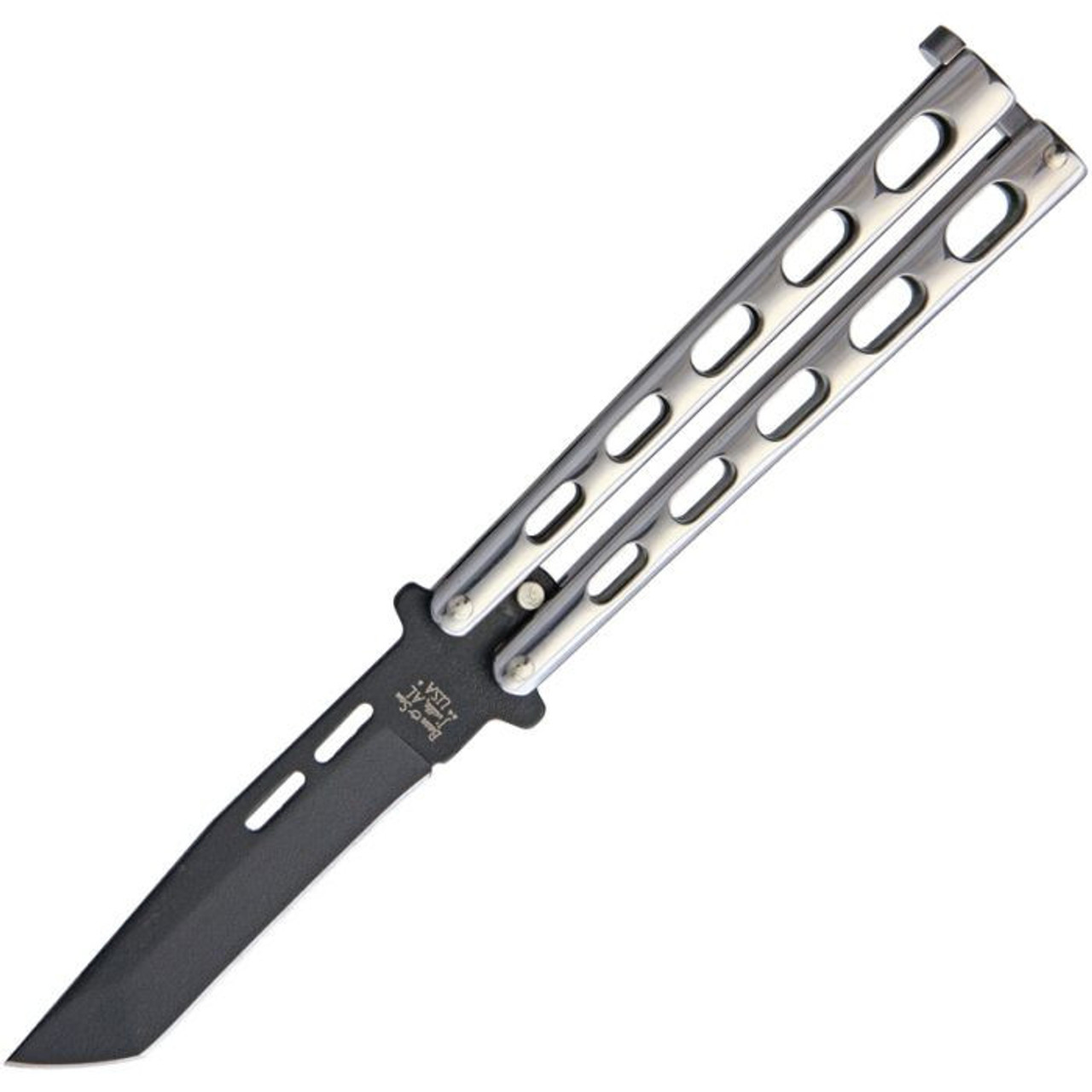 Bear & Son Butterfly (BCSS15TAN) 3.38" 1095 HC Black Powder Coated Tanto Plain Blade, Mirror Finished Stainless Steel Handle