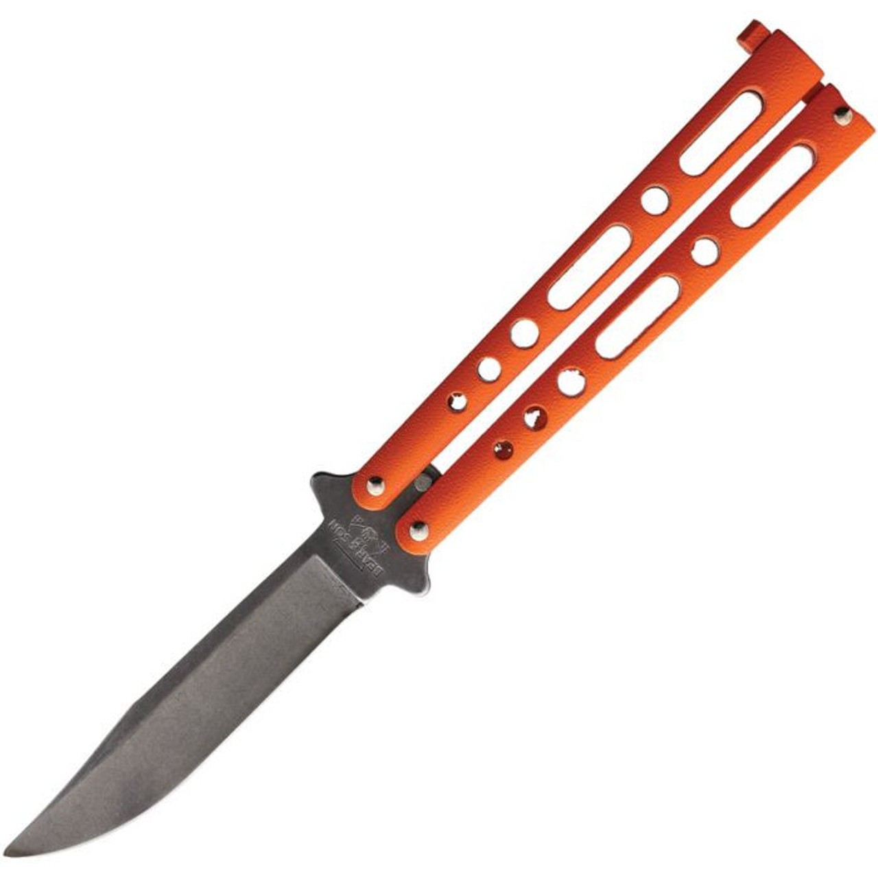 Bear & Son Butterfly Orange Stonewashed (BC117ORSW) 3.25" Blackwashed Clip Point Plain Blade, Orange Powder Coated Zinc Handle