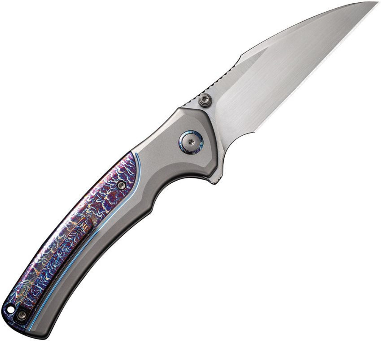 WE Knives Ziffius Button Lock (WE22024D4) 3.75" CPM-20CV Satin Wharncliffe Plain Blade, Grey Titanium Handle with Flamed Anodized Titanium Inlays