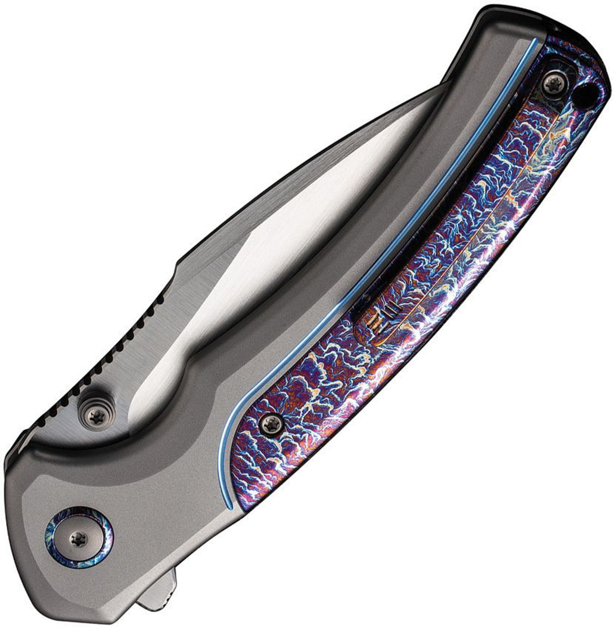 WE Knives Ziffius Button Lock (WE22024D4) 3.75" CPM-20CV Satin Wharncliffe Plain Blade, Grey Titanium Handle with Flamed Anodized Titanium Inlays