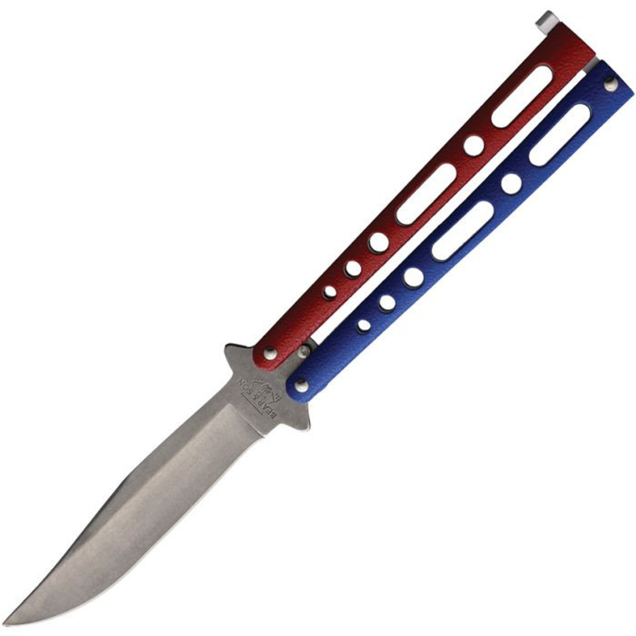 Bear & Son Butterfly Red White Blue (BC117RWBSW) 3.38" Stonewashed Clip Point Plain Blade, Blue and Red Zinc Handle