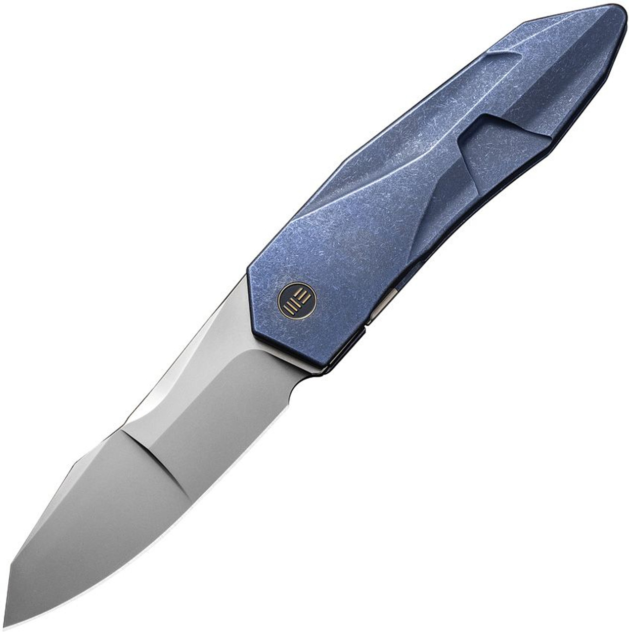 WE Knives Solid (WE220284) 3.88" CPM-20CV Satin Stonewash Compound Grind Modified Spear Point Plain Blade, Blue Titanium Handle