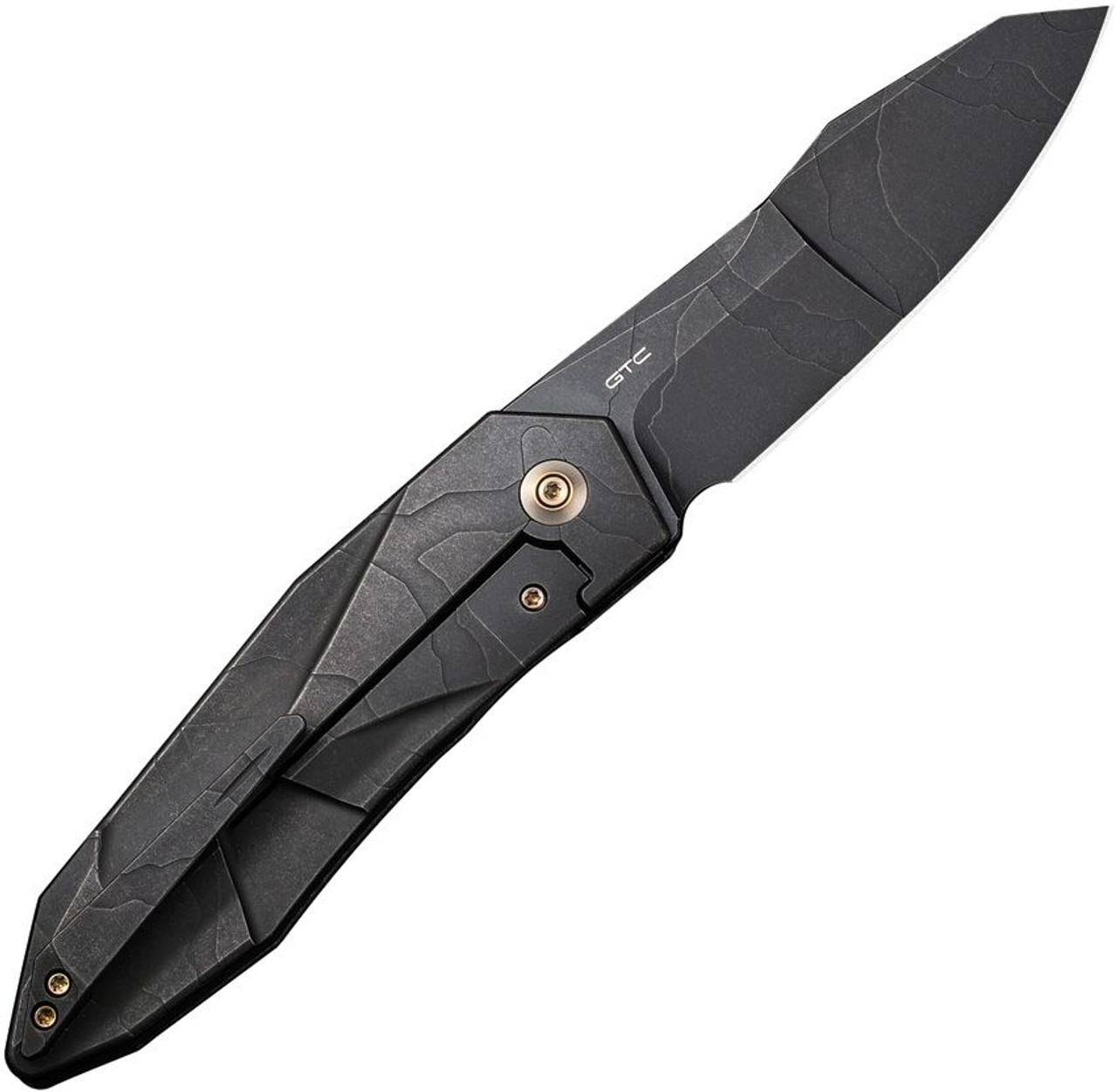 WE Knives Solid (WE220285) 3.88" CPM-20CV Black Stonewash Compound Grind Modified Spear Point Plain Blade with Etching, Black Stonewash Titanium Handle with Etching