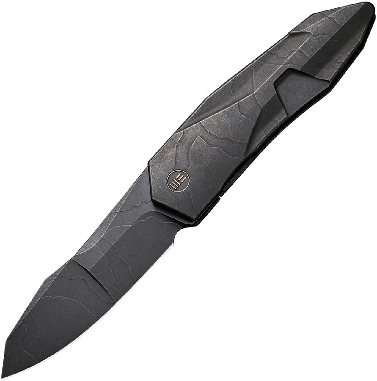 WE Knives Solid (WE220285) 3.88" CPM-20CV Black Stonewash Compound Grind Modified Spear Point Plain Blade with Etching, Black Stonewash Titanium Handle with Etching