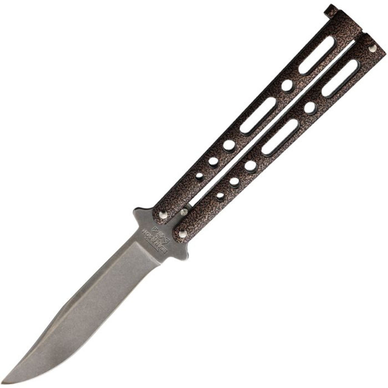 Bear & Son Butterfly Copper (BC117CVW) 4" 440 SS Stonewashed Clip Point Plain Blade, Copper Vein Zinc Handle