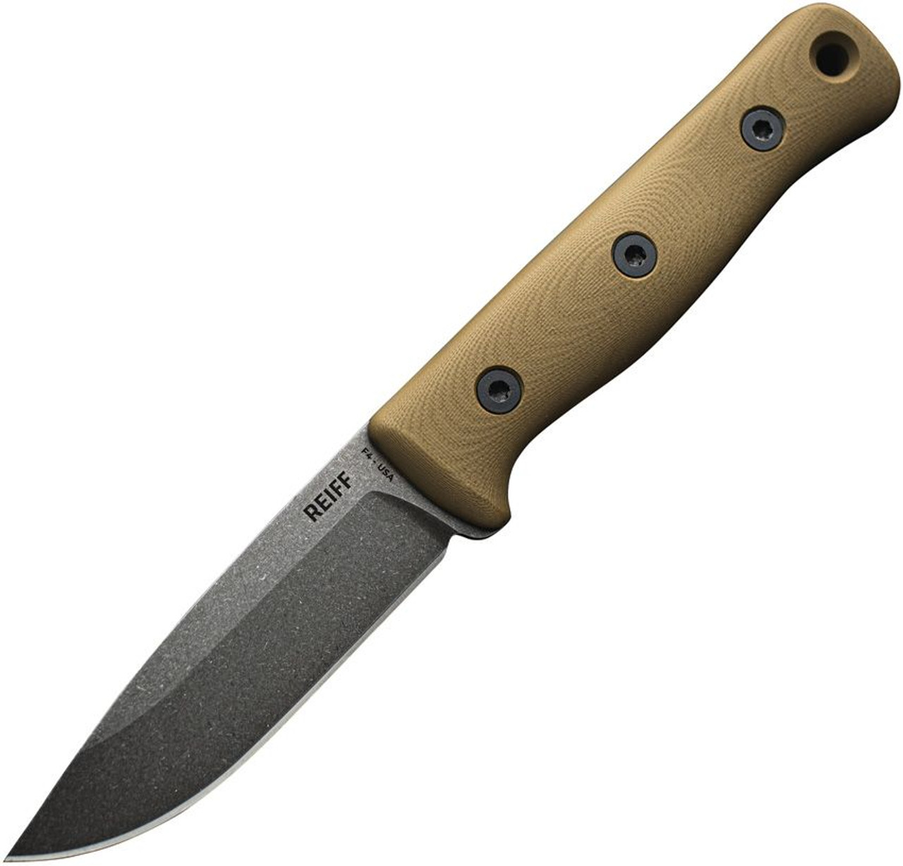 Reiff Knives F4 Bushcraft Survival Knife (REKF411CTGL) 4" CPM-3V Carbon Steel Drop Point Plain Blade, Coyote Tan G-10 Handle, Brown Leather Sheath