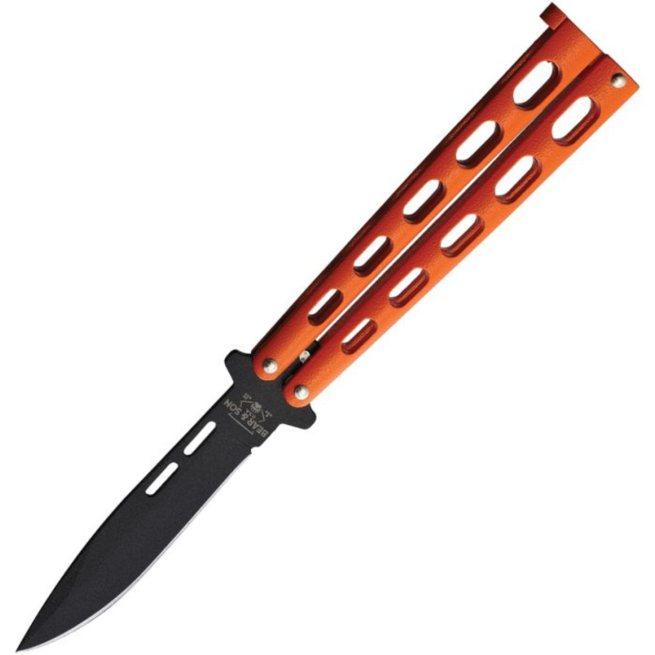 Bear & Son Butterfly Orange (BC115OR) 3.5" 440 SS Black Powder Coated Drop Point Plain Blade, Orange Zinc Handle