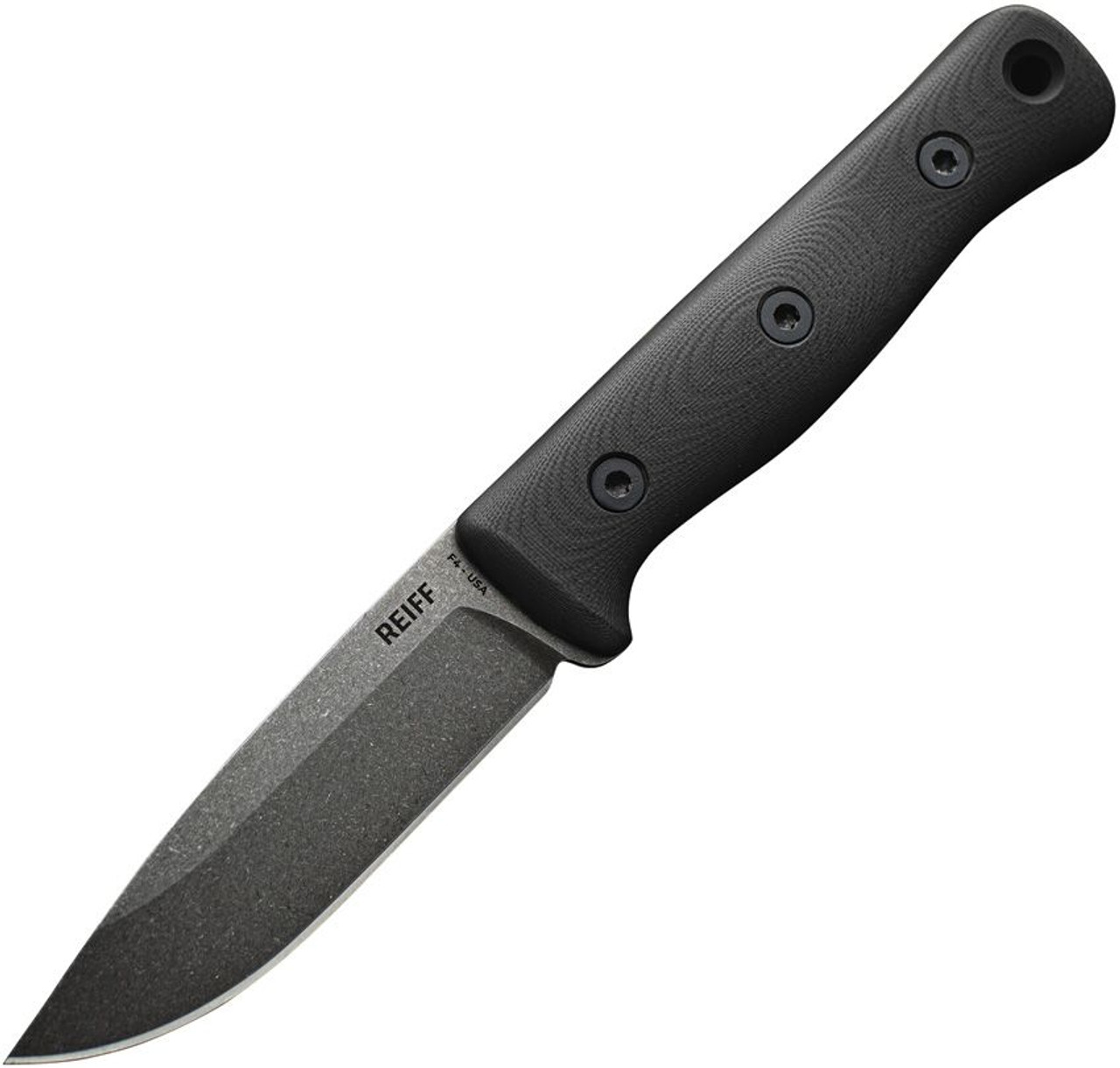 Reiff Knives F4 Bushcraft Survival Knife (REKF411BLGL) 4" CPM-3V Carbon Steel Drop Point Plain Blade, Black G-10 Handle, Brown Leather Sheath