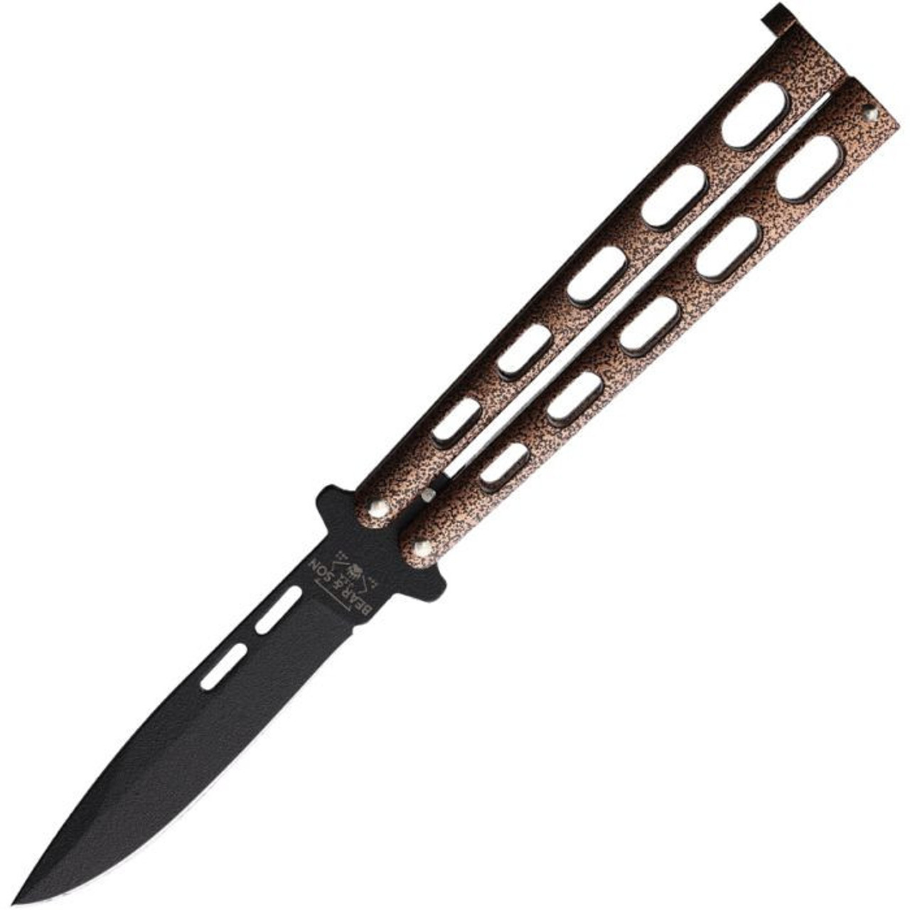 Bear & Son Butterfly Copper Vein (BC115CV) 3.38" 1095 Black Powder Coated Drop Point Plain Blade, Copper Vein Zinc Handle