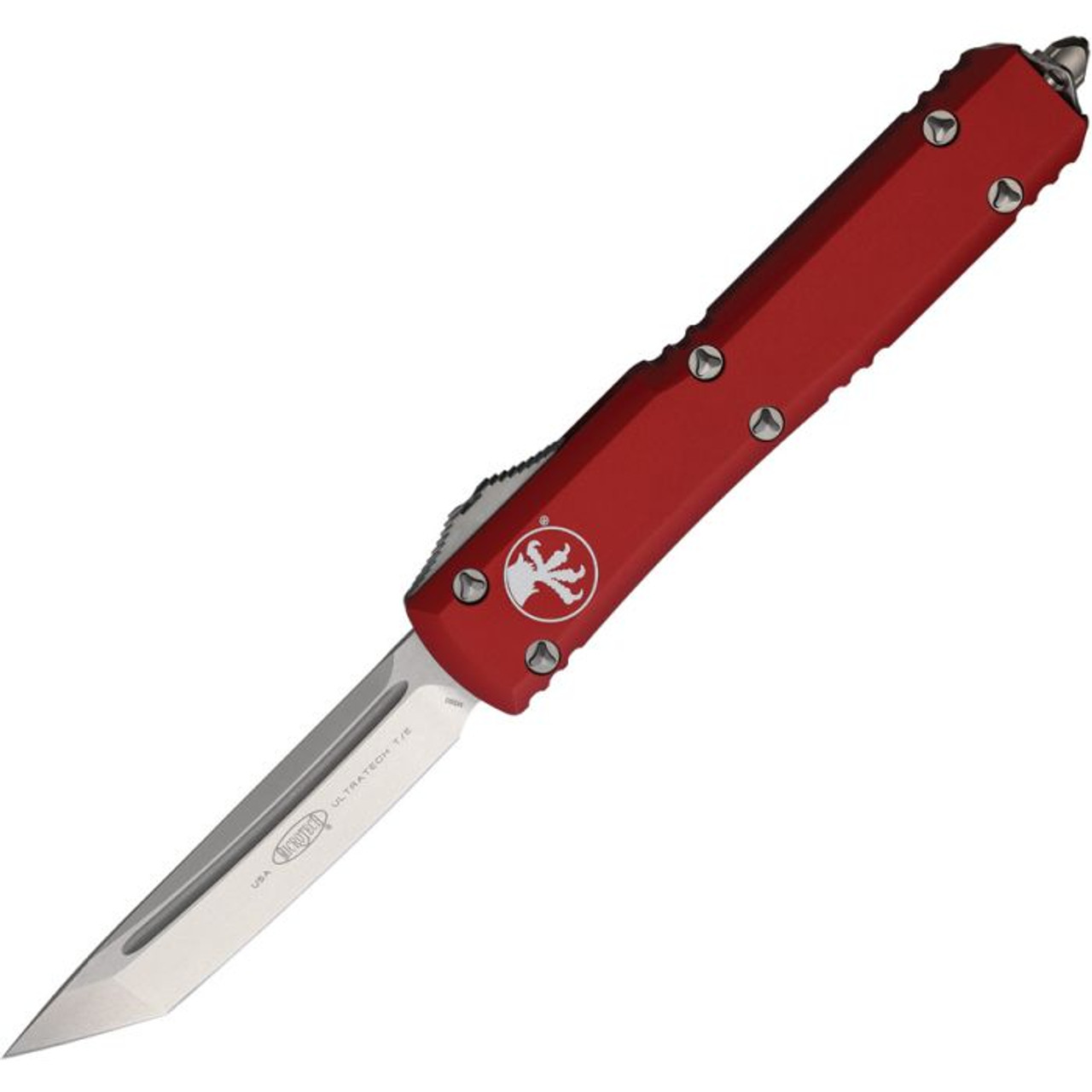 Microtech Ultratech T/E OTF (MCT12310RD) 5" Bohler M390 Stonewashed Tanto Plain Blade, Red Aluminum Handle with Glass Breaker