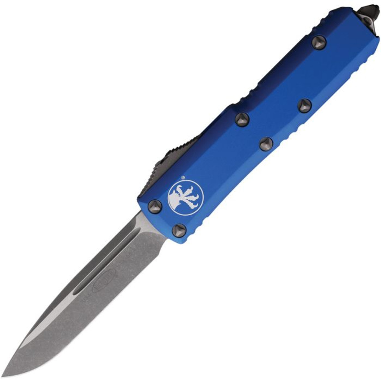 Microtech UTX-85 S/E Ap Blue (MCT23110APBL) 3.13" Premium Steel Stonewashed /Bead Blasted Drop Point Plain Blade, Blue Anodized Aluminum Handle with Glass Breaker