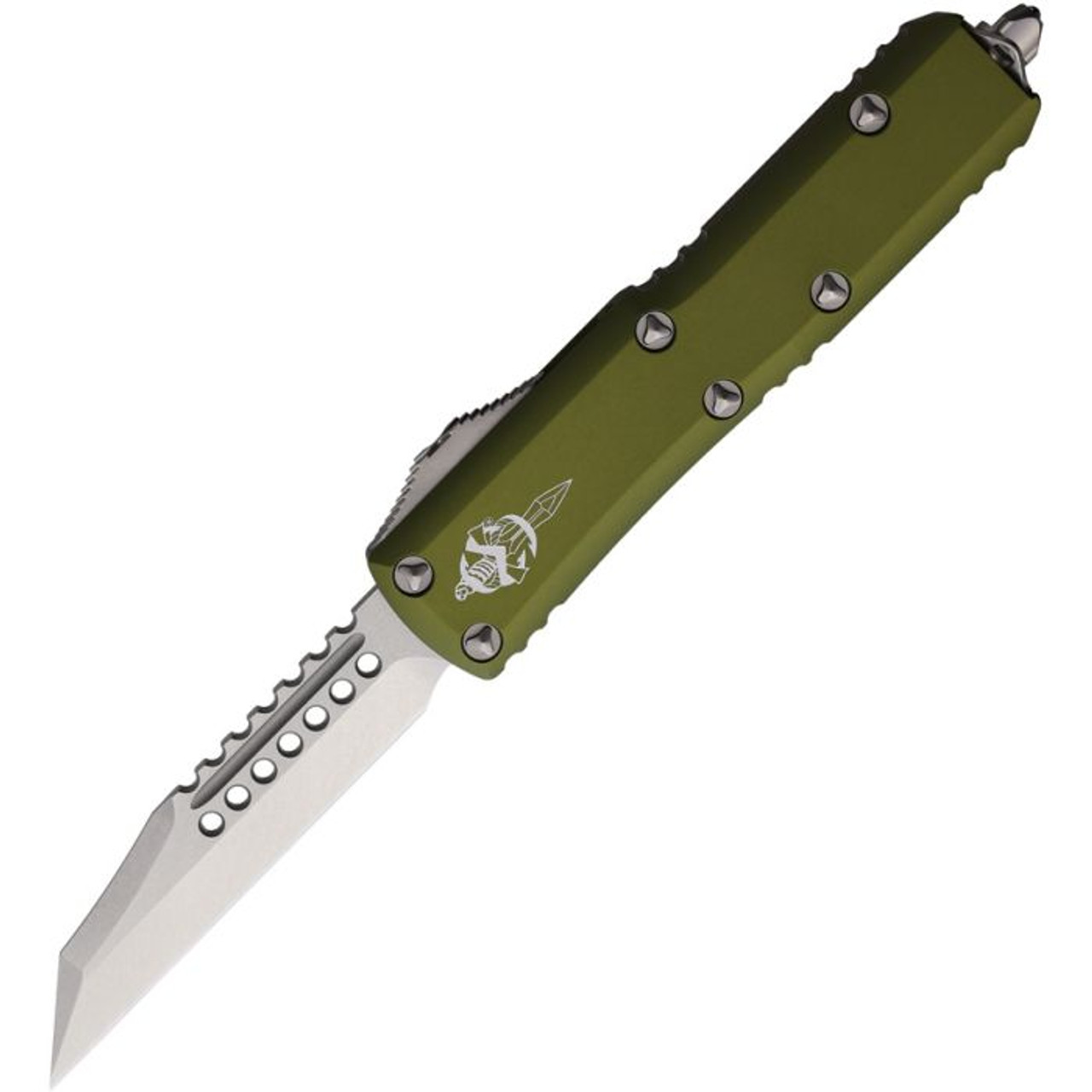 Microtech UTX-85 Warhound (MCT719W10ODS) 3.13" Premium Steel Stonewashed Wharncliffe Plain Blade, OD Green Anodized Aluminum Handle with Glass Breaker