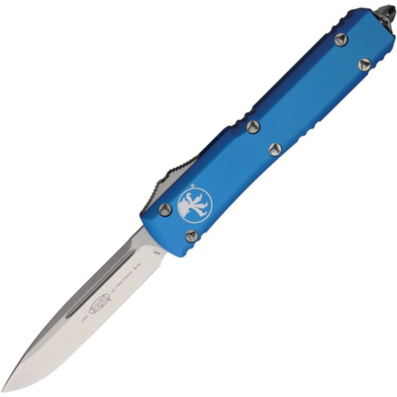 Microtech Ultratech S/E (MCT12110BL) 3.5" Bohler M390 Stonewashed Drop Point Plain Blade, Blue Anodized Aluminum Handle with Glass Breaker