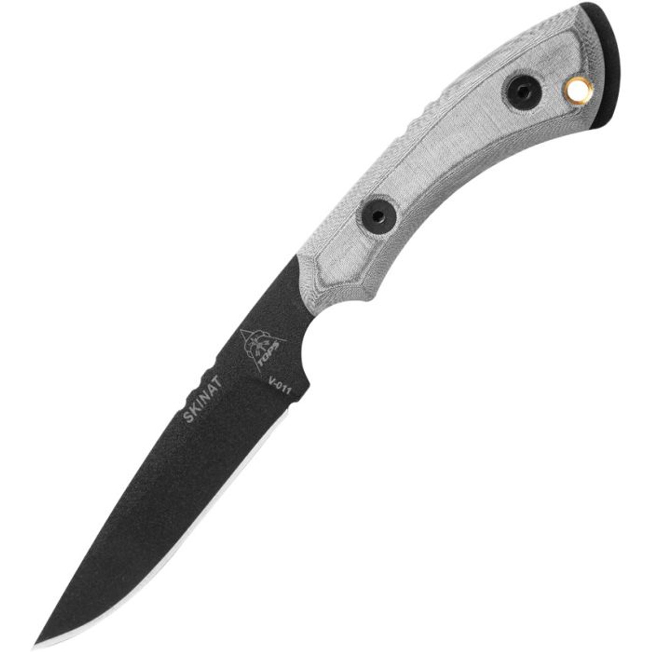 TOPS Skinat (TP521) 3.87" 1095 Black Drop Point Plain Blade, Gray Micarta Handle, Black Kydex Sheath