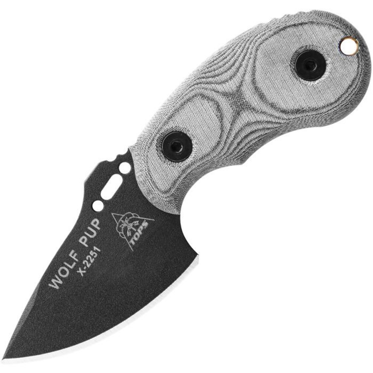 TOPS Wolf Pup (TP10) 2.5" 1095 Black Drop Point Plain Blade, Gray Micarta Handle, Black Kydex Belt Clip Sheath