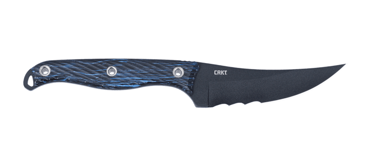 CRKT CLEVER GIRL (CR2709B) 4.60" SK-5 Black Powder Coated Trailing Point Partially Serrated Fixed Blade, Blue and Black G-10 Handle, Black Thermoplastic Sheath