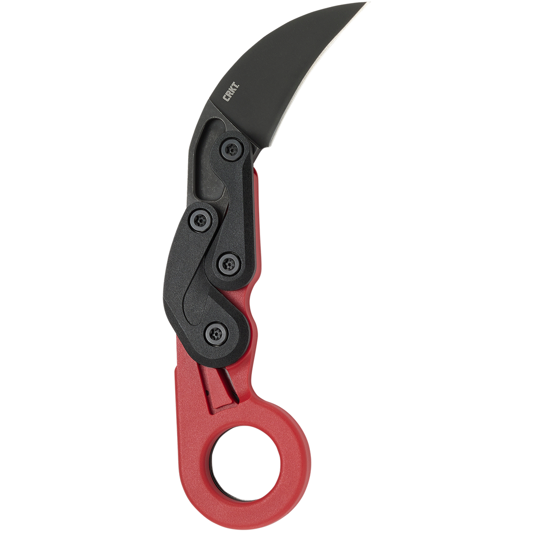 CRKT Provoke Grivory 4041R open profile view showing 2.47 inch 1.4116 blackwashed karambit blade and red Grivory handle with finger ring.