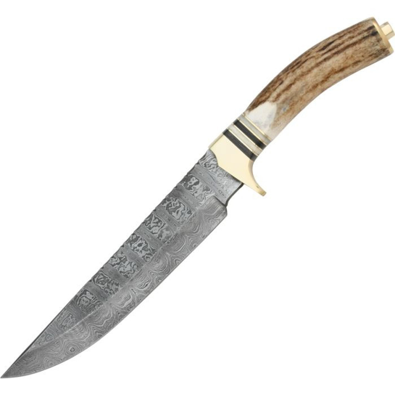 Damascus Knives Bowie (DM1006) 7.88" Damascus Drop Point Plain Blade, Stag Handle with Brass Guard and Pommel, Brown Leather Sheath