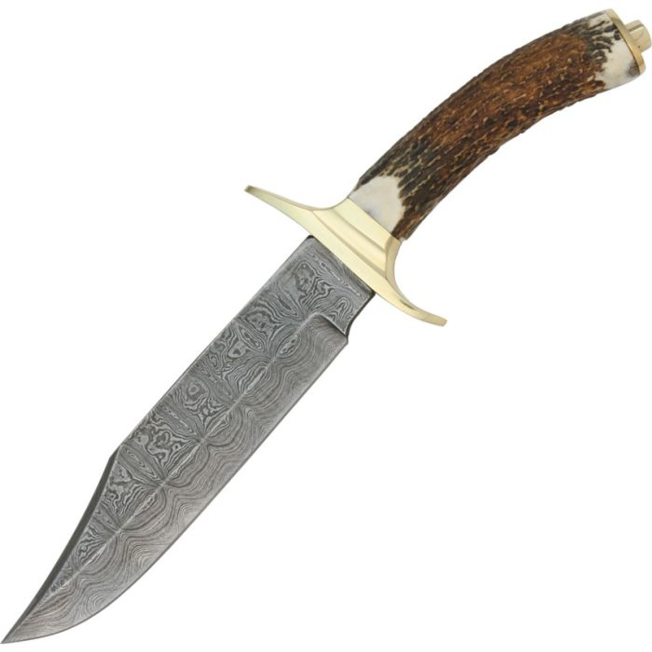 Damascus Knives Bowie (DM1009) 6.75" Damascus Clip Point Plain Blade, Stag Handle with Brass Guard and Pommel, Brown Leather Sheath