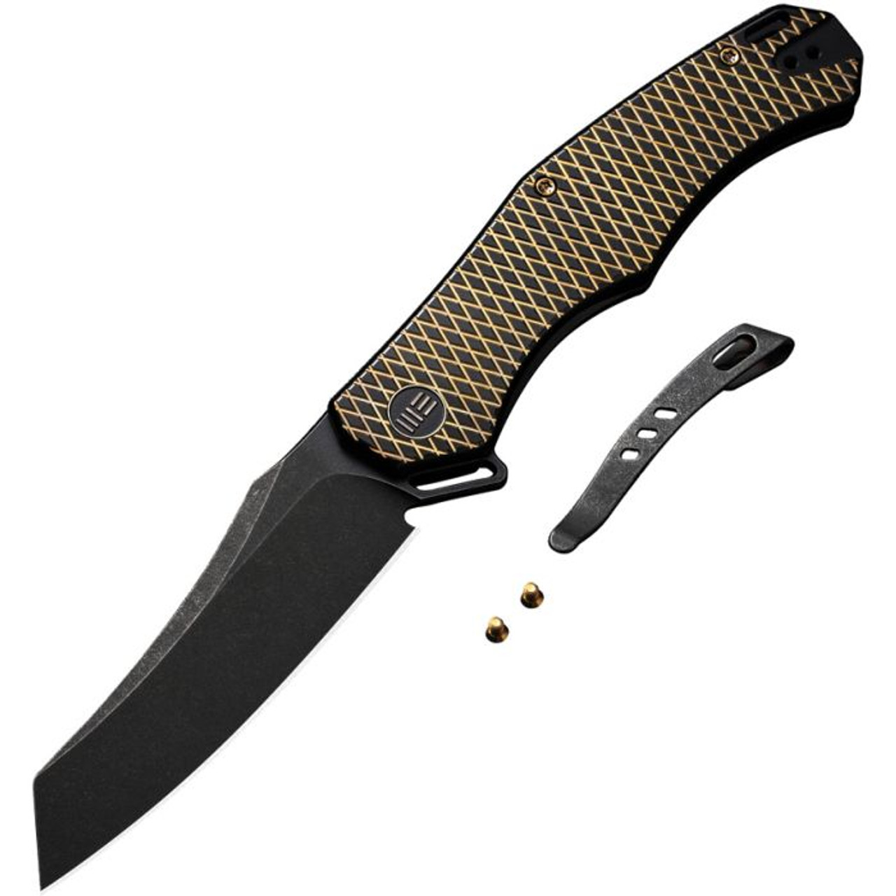 WE Knife RekkeR (WE22010G3) 3.61" CPM-20CV Blackwashed Reverse Tanto Plain Blade, Gold and Black Titanium Handle