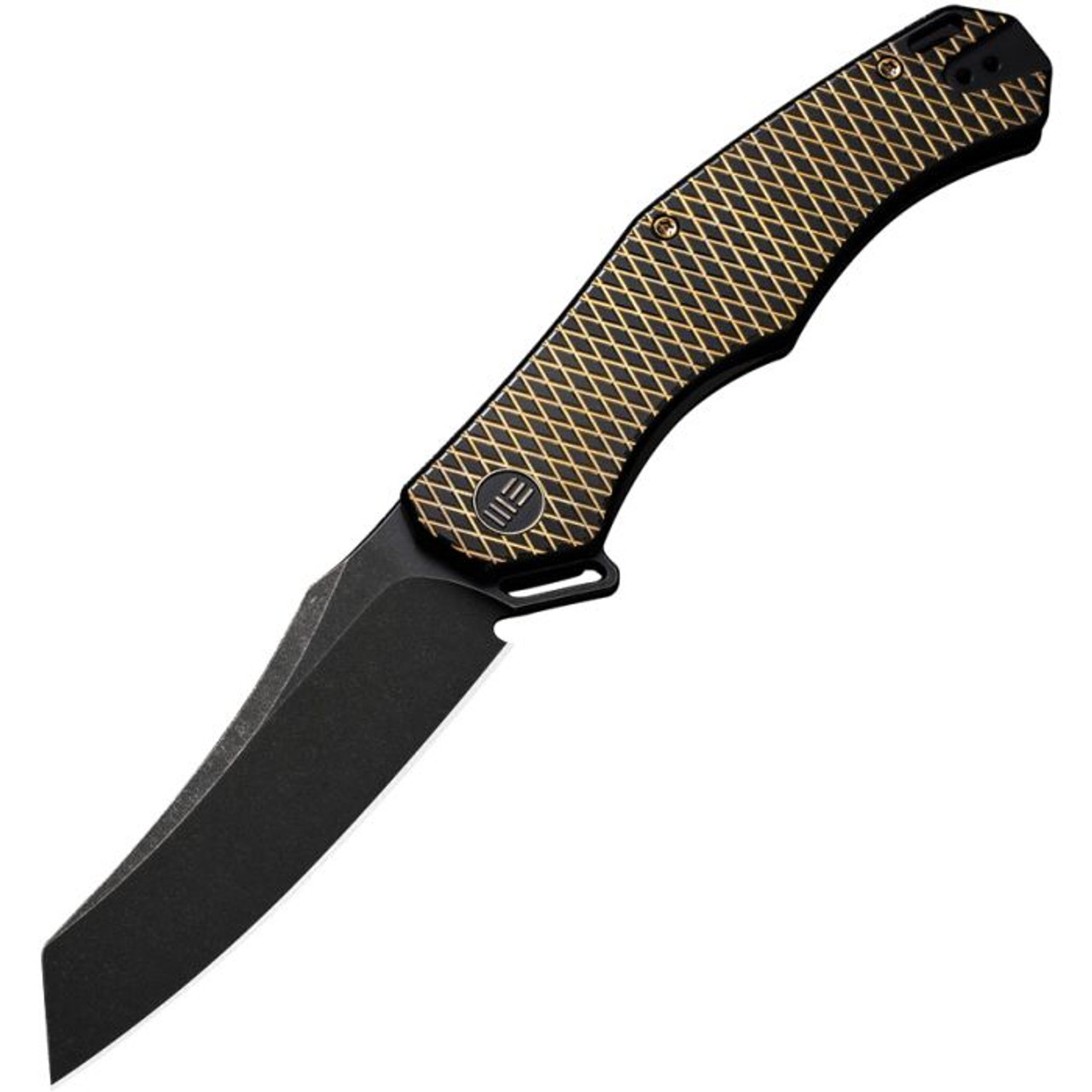 WE Knife RekkeR (WE22010G3) 3.61" CPM-20CV Blackwashed Reverse Tanto Plain Blade, Gold and Black Titanium Handle