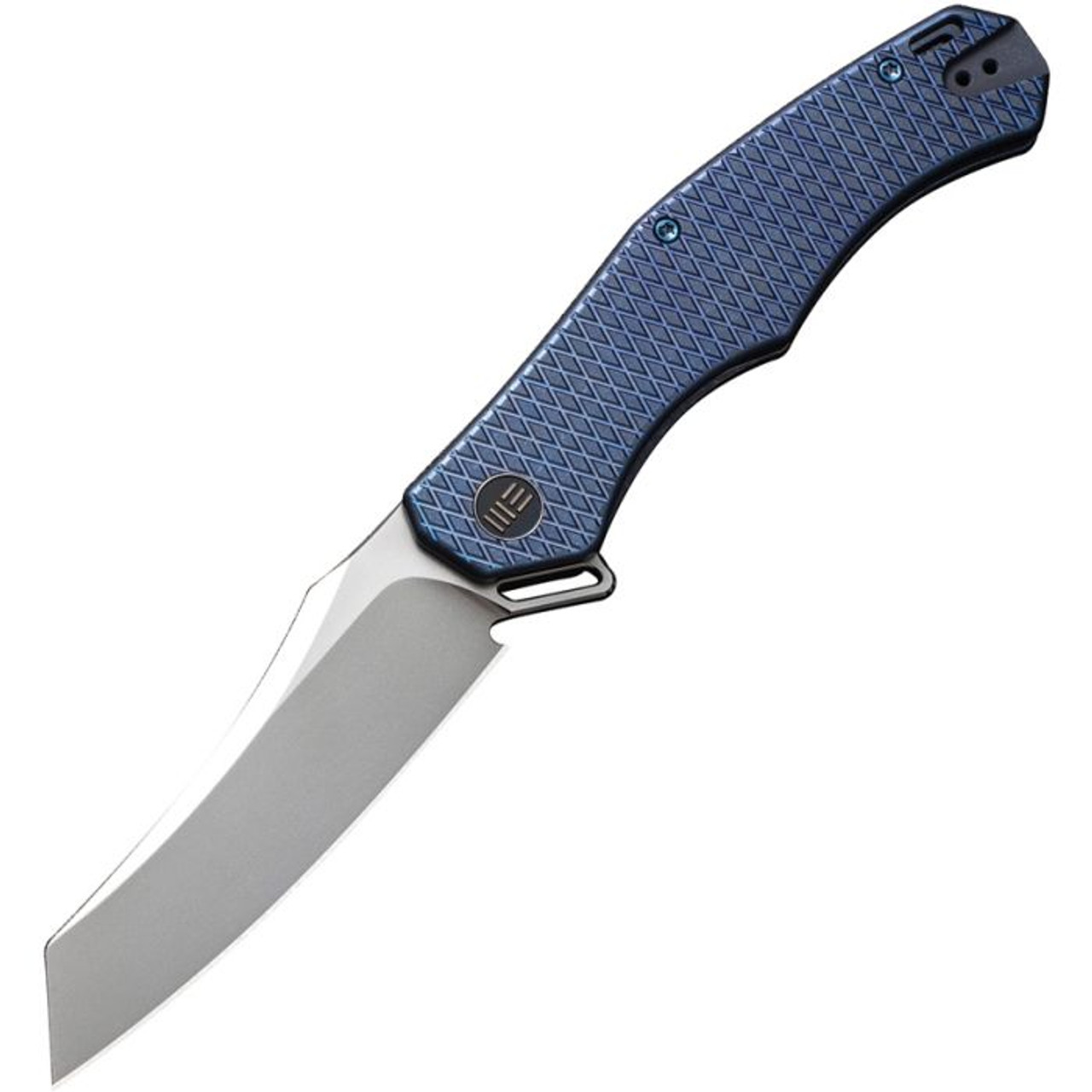 WE Knife RekkeR (WE22010G4) 3.61" CPM-20CV Polished Bead Blasted Reverse Tanto Plain Blade, Blue Titanium Handle