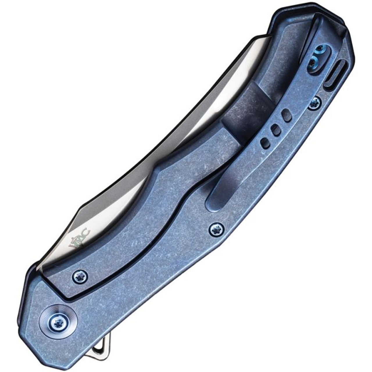 WE Knife RekkeR (WE22010G4) 3.61" CPM-20CV Polished Bead Blasted Reverse Tanto Plain Blade, Blue Titanium Handle