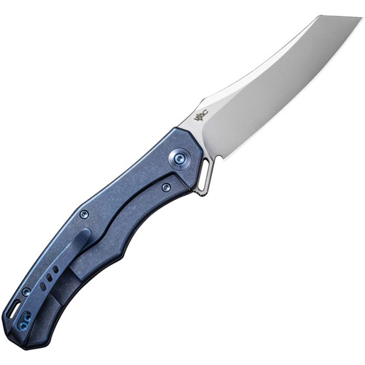 WE Knife RekkeR (WE22010G4) 3.61" CPM-20CV Polished Bead Blasted Reverse Tanto Plain Blade, Blue Titanium Handle