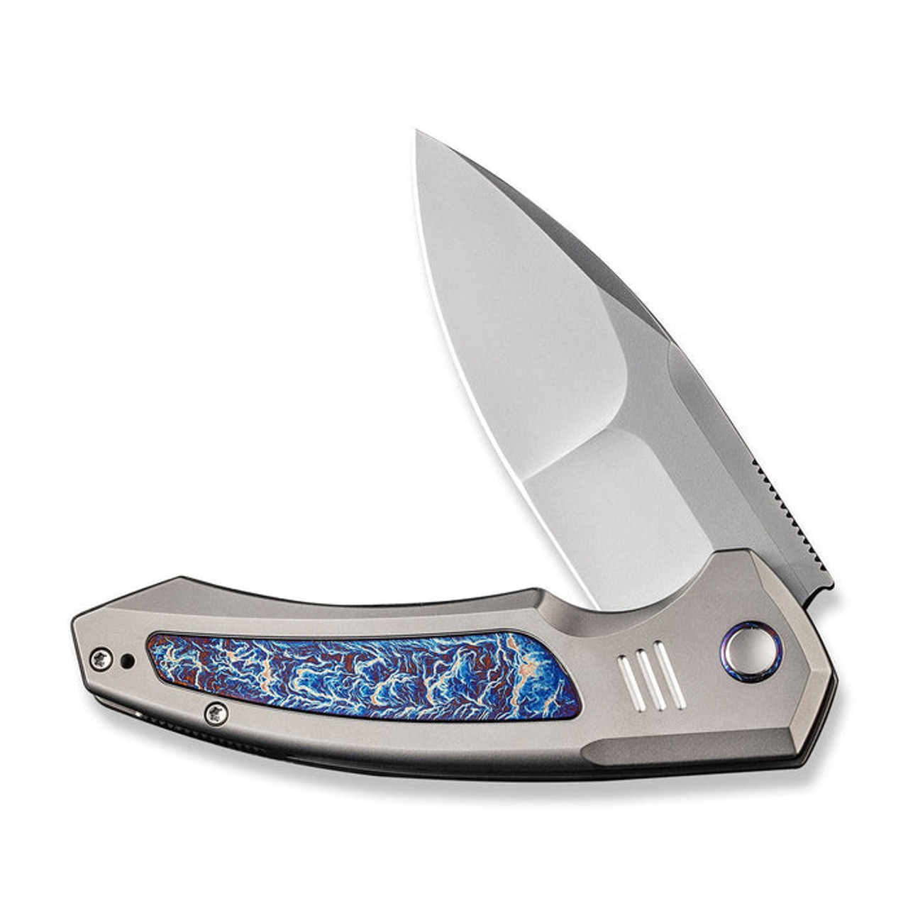 WE Knife Hyperactive (WE230301) 3.8" Vanax Polished Bead Blasted Drop Point Plain Blade, Polished Bead Blasted Titanium Handle with Blue Flamed Carbon Fiber Inlay