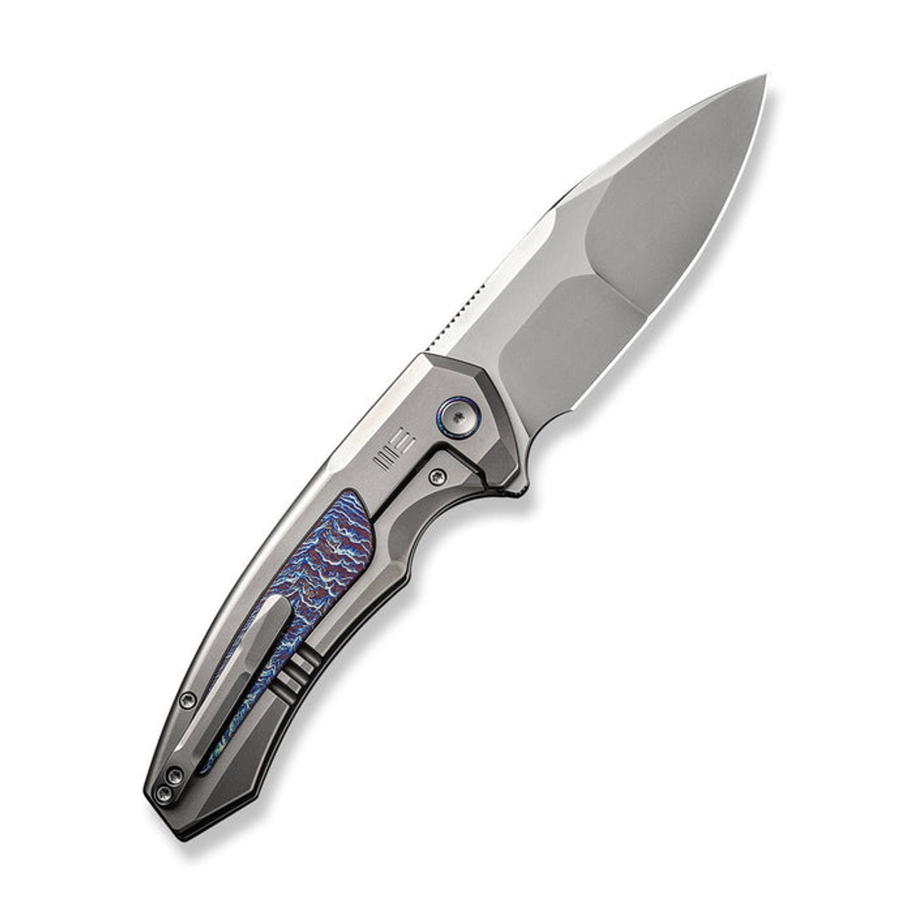 WE Knife Hyperactive (WE230301) 3.8" Vanax Polished Bead Blasted Drop Point Plain Blade, Polished Bead Blasted Titanium Handle with Blue Flamed Carbon Fiber Inlay