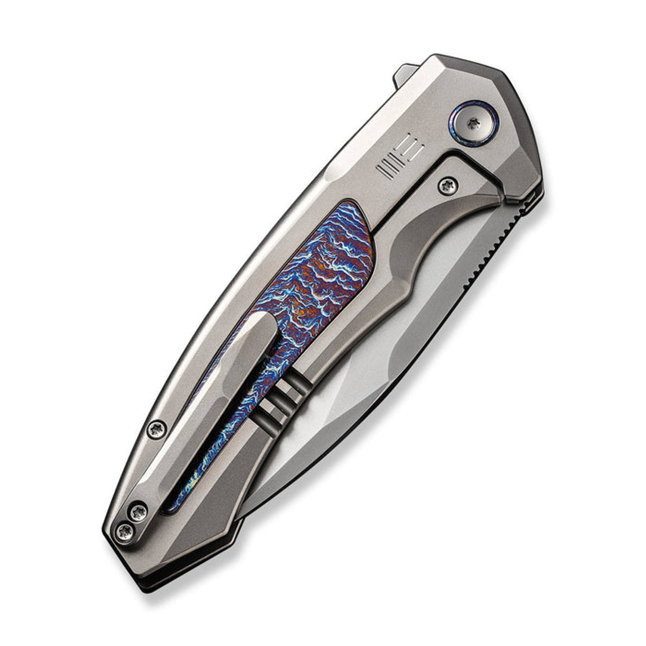 WE Knife Hyperactive (WE230301) 3.8" Vanax Polished Bead Blasted Drop Point Plain Blade, Polished Bead Blasted Titanium Handle with Blue Flamed Carbon Fiber Inlay