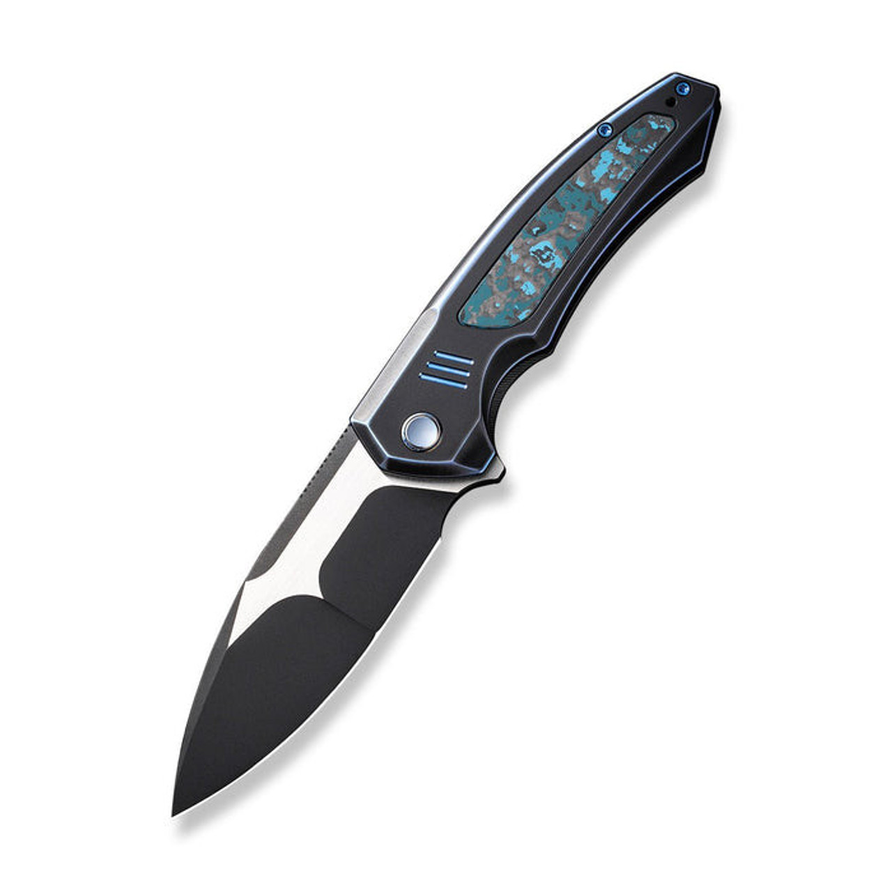 WE Knife Hyperactive (WE230303) 3.8" Vanax Blackwashed and Satin Drop Point Plain Blade, Blue and Black Titanium Handle with Artic Storm Fat Carbon Fiber Inlay
