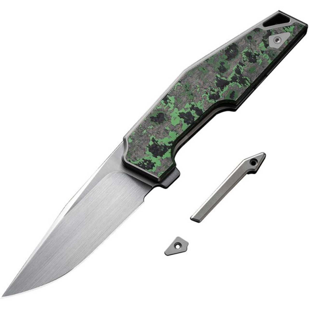 We Knife OAO (WE230013) 3.4" CPM-20CV Hand Rubbed Satin Clip Point Plain Blade, Gray / Black / Green Titanium Handle with Jungle Wear Fat Carbon Fiber Inlay