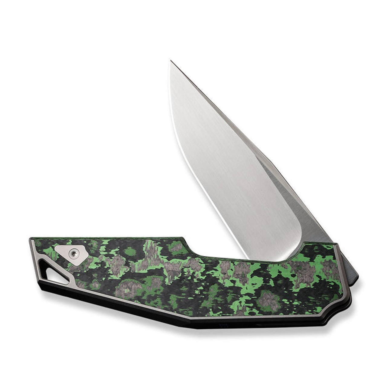 We Knife OAO (WE230013) 3.4" CPM-20CV Hand Rubbed Satin Clip Point Plain Blade, Gray / Black / Green Titanium Handle with Jungle Wear Fat Carbon Fiber Inlay