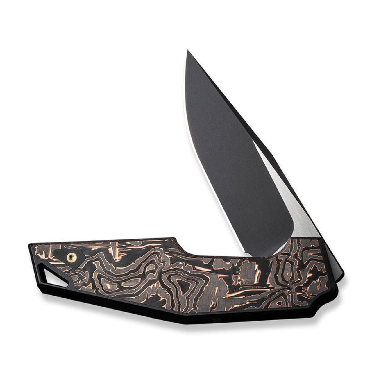 We Knife OAO (WE230012) 3.4" CPM-20CV Hand Blackwashed and Satin Clip Point Plain Blade, Black and Copper Titanium Handle with Copper Foil Carbon Fiber Inlay