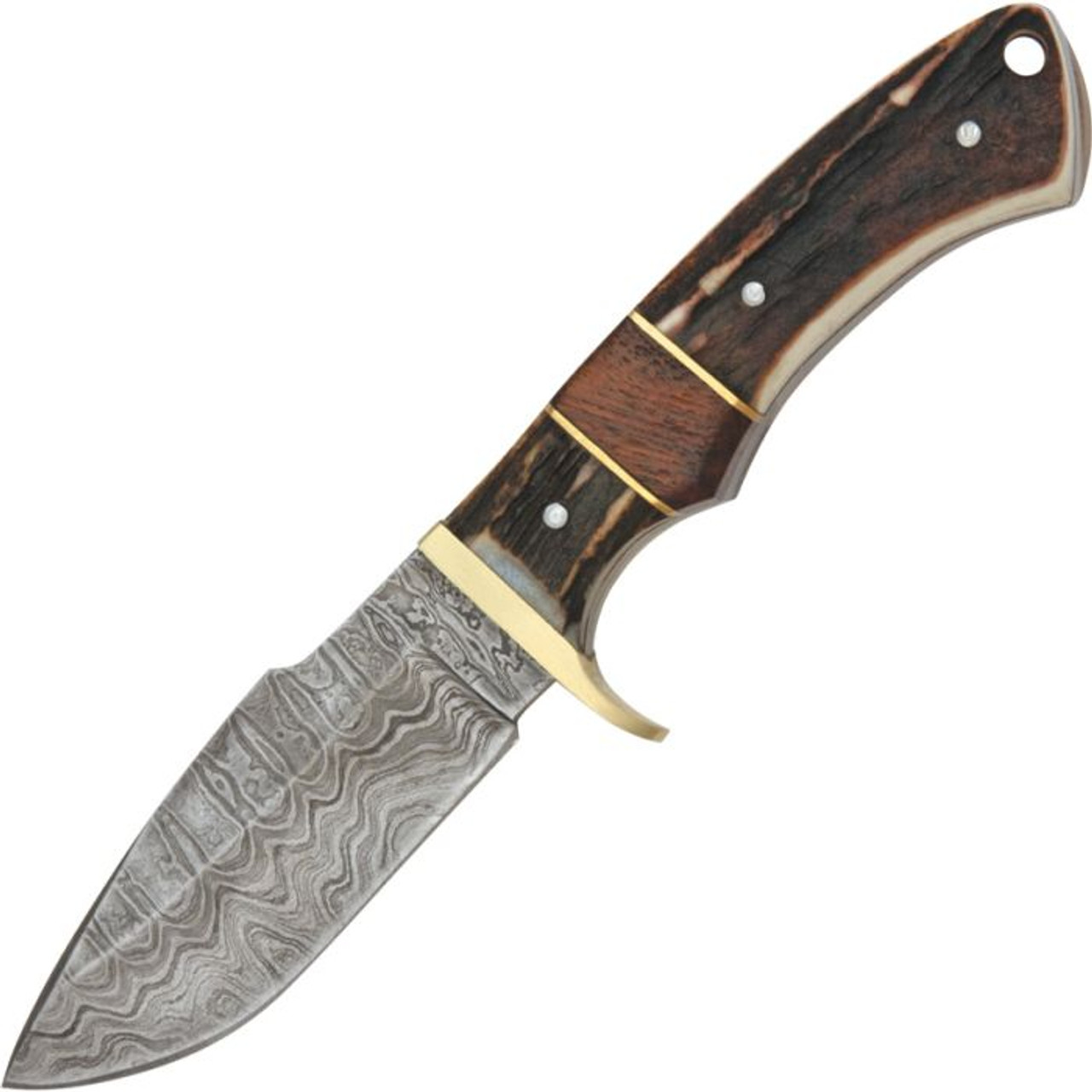 Damascus Knives Game Skinner (DM1022) 4.5" Damascus Drop Point Plain Blade, Stag Handle with Brass Guard and Wood and Brass Spacer