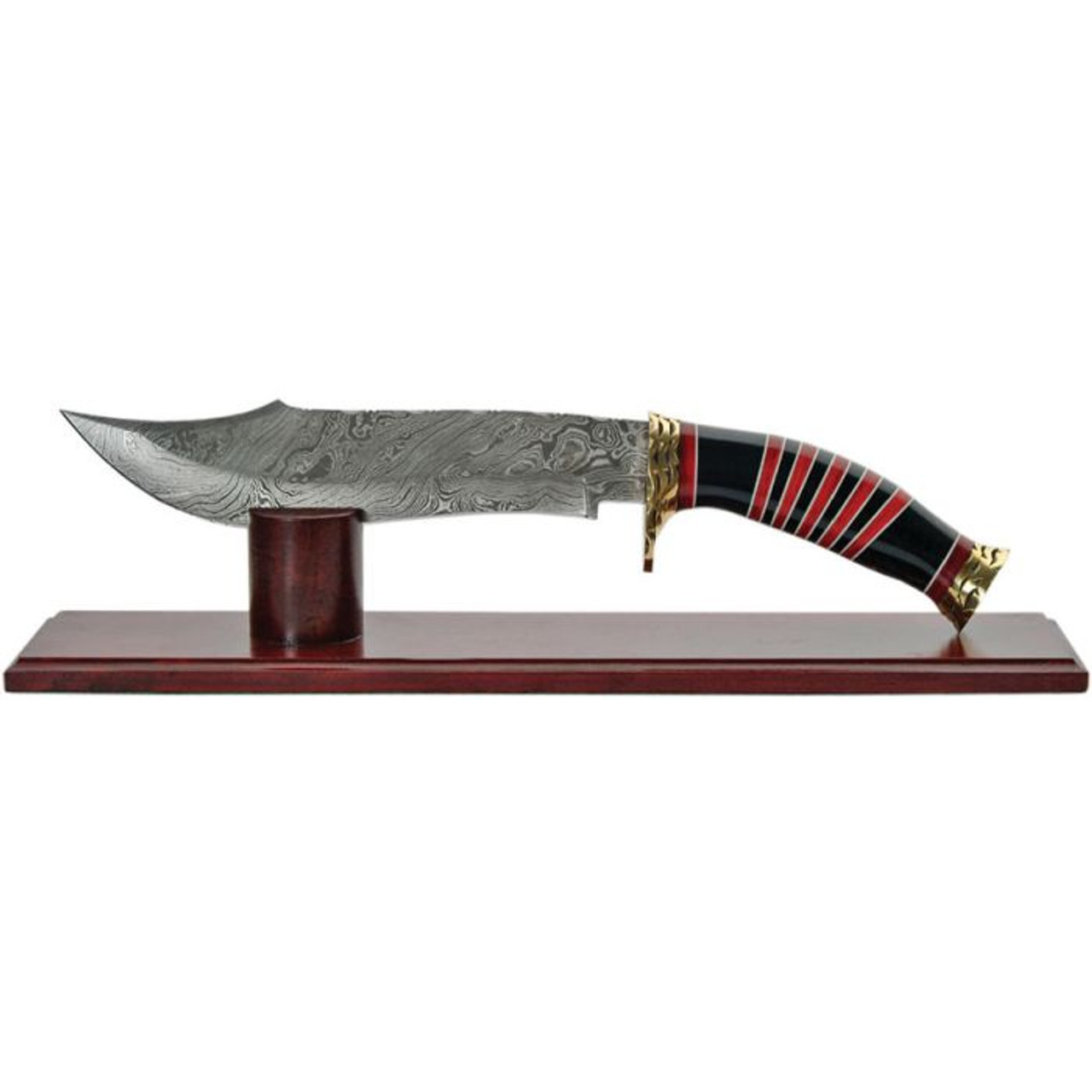 Damascus Knives Bowie (DM1056) 8.75" Damascus Clip Point Plain Blade, Black and Red Laminated Wood Handle with Brass Guard and Pommel, Brown Wood Tabletop Display Stand