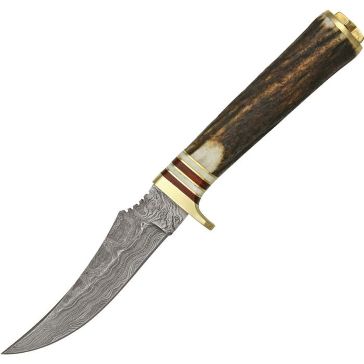 Damascus Knives Slim Blade Skinner (DM1048) 4.5" Damascus Upswept Skinner Plain Blade, Stag Bone Handle with Brass Guard and Pommel, Brown Leather Belt Sheath