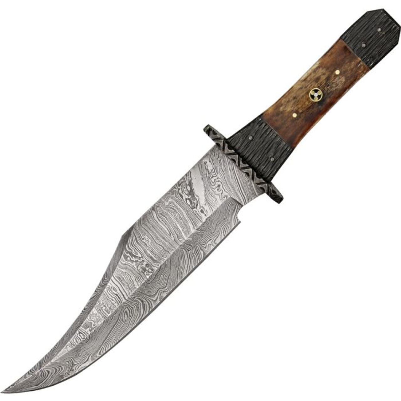 Damascus Knives Tri Circle Bowie (DM1049) 8.5" Damascus Clip Point Plain Blade, Brown Bone Handle, Brown Leather Belt Sheath