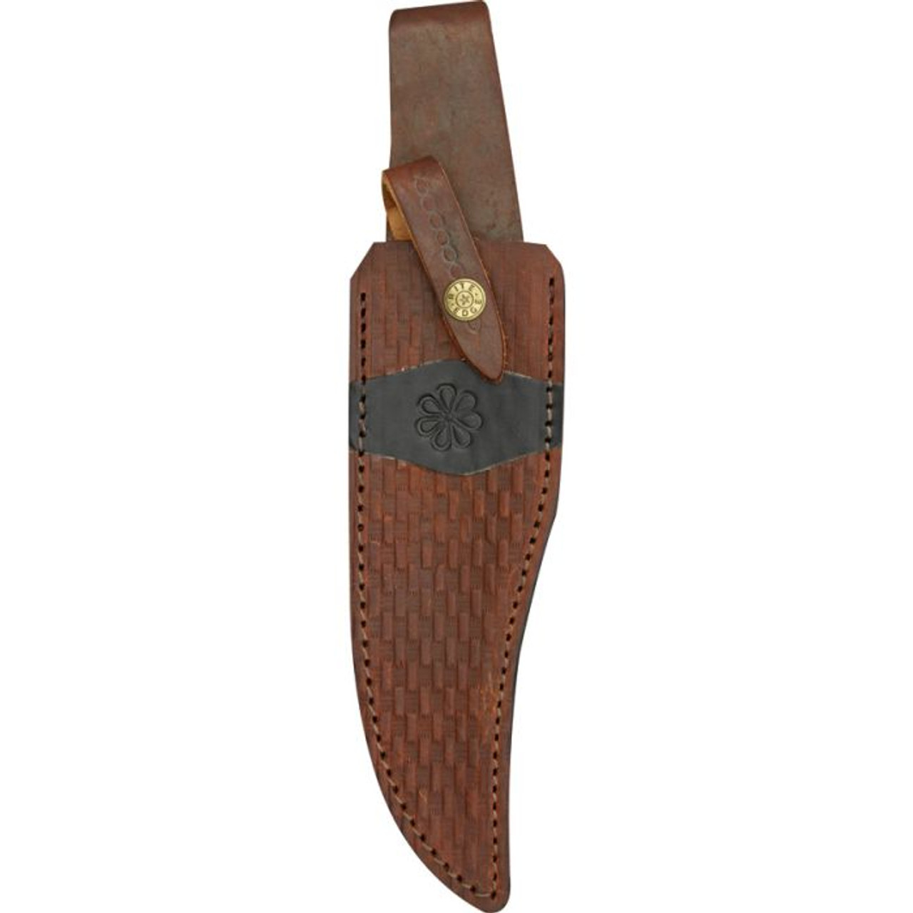 Damascus Knives Tri Circle Bowie (DM1049) 8.5" Damascus Clip Point Plain Blade, Brown Bone Handle, Brown Leather Belt Sheath