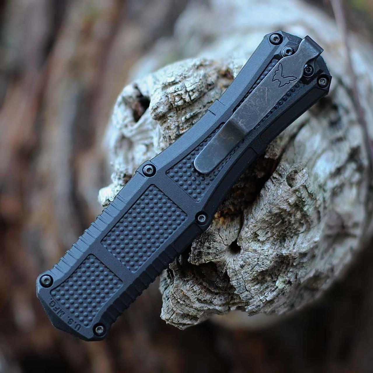 Benchmade 3370GY Claymore OTF - 3.89 Smoke Gray CPM-D2 Double Edge Plain Blade, Black Grivory Handle