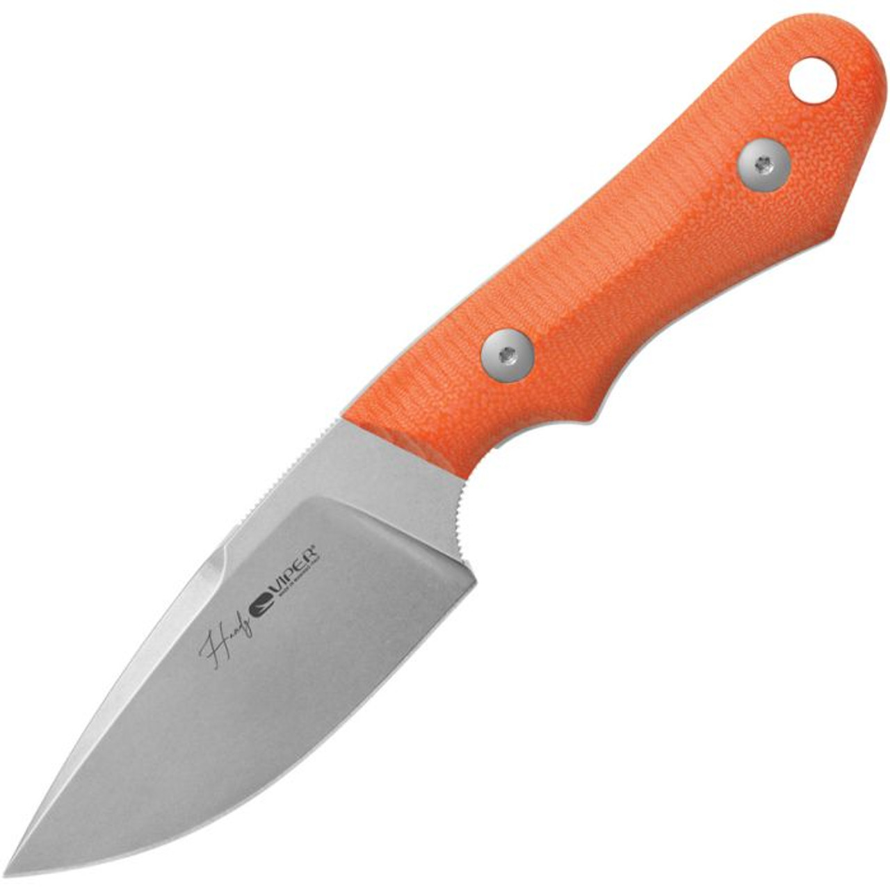 Viper Handy (VT4040GO) 3.5" CPM-MagnaCut Stonewashed Drop Point Plain Blade, Orange G-10 Handle, Brown Leather Belt Sheath